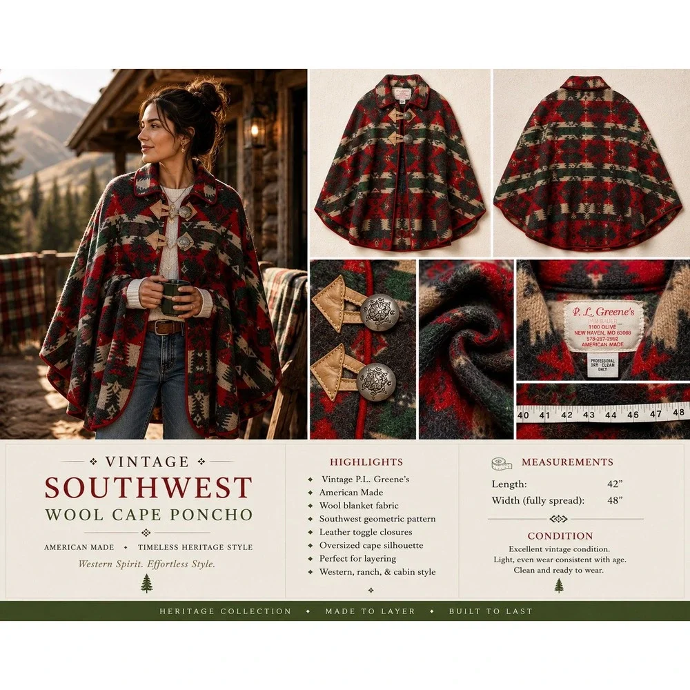 PL Greene American Made Southwestern Wool Blend Poncho Cape Red Green Tribal OS